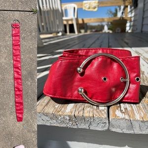 Vintage 90’s Red Leather Belt with Silver Hardware     Size S/M